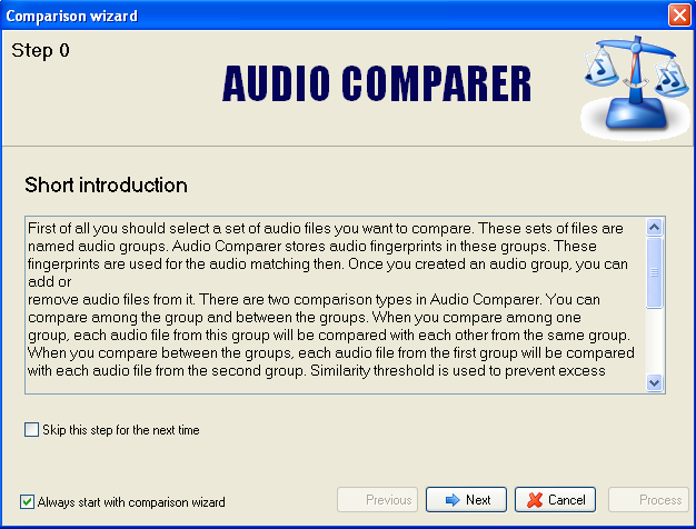Audio Comparer - Screenshot des Vergleichs-Assistenten