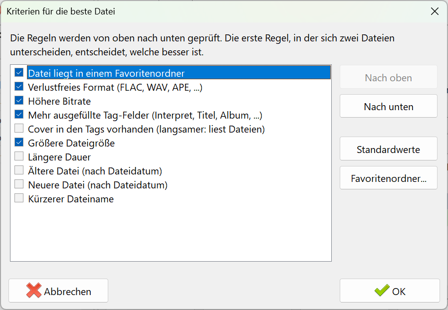 Dialog „Kriterien für die beste Datei“ in Audio Comparer