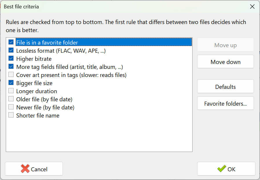 Best file criteria dialog in Audio Comparer