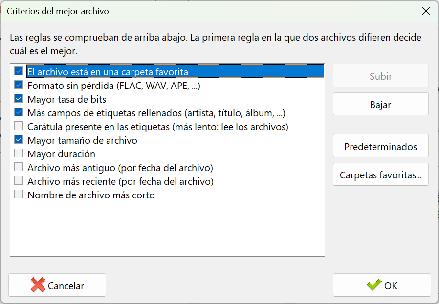 Diálogo de criterios del mejor archivo en Audio Comparer