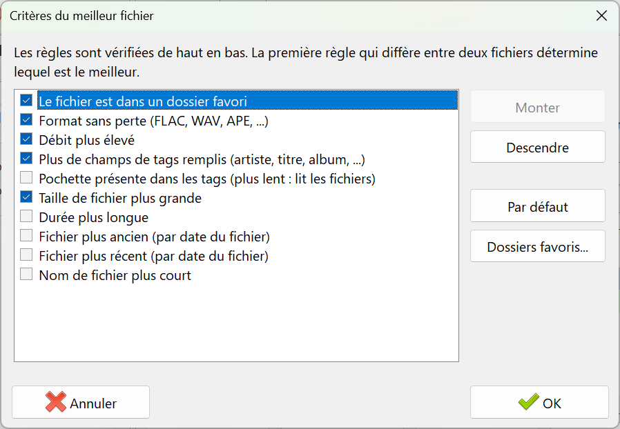 Boîte de dialogue des critères du meilleur fichier dans Audio Comparer