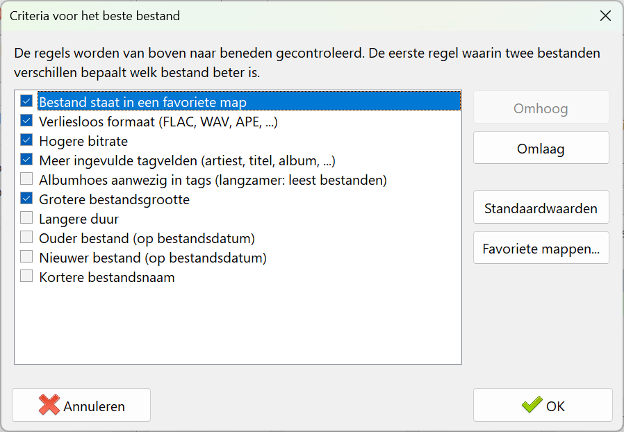 Dialoogvenster met criteria voor het beste bestand in Audio Comparer