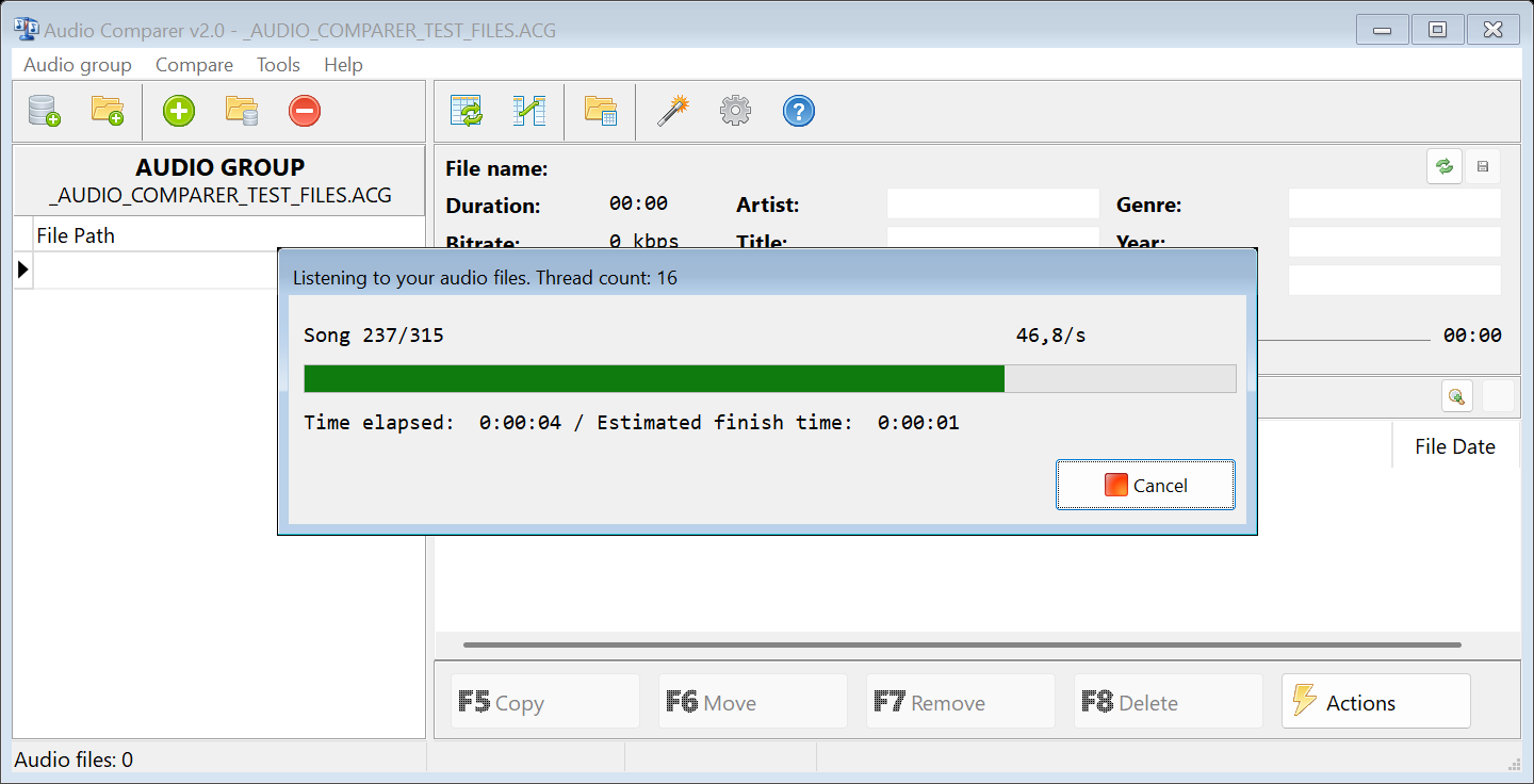 automatic listening to audio files is in process for finding the duplicates