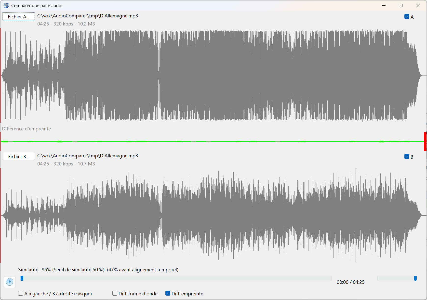 Comparer deux fichiers audio : formes d'onde et score de similarité dans Audio Comparer
