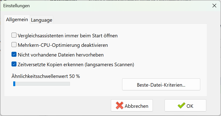 Einstellungen von Audio Comparer