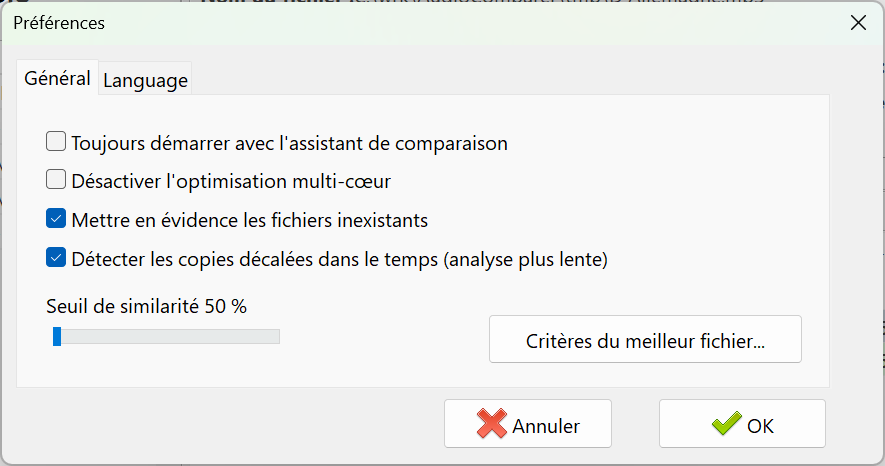 Préférences d'Audio Comparer