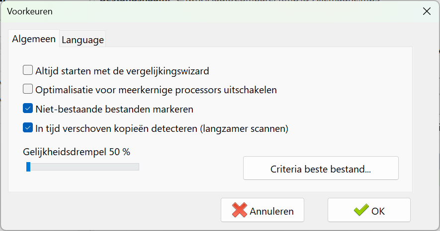 Voorkeuren van Audio Comparer