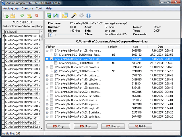 main Audio Comparer window displays the found audio duplicates detected by their actual sound